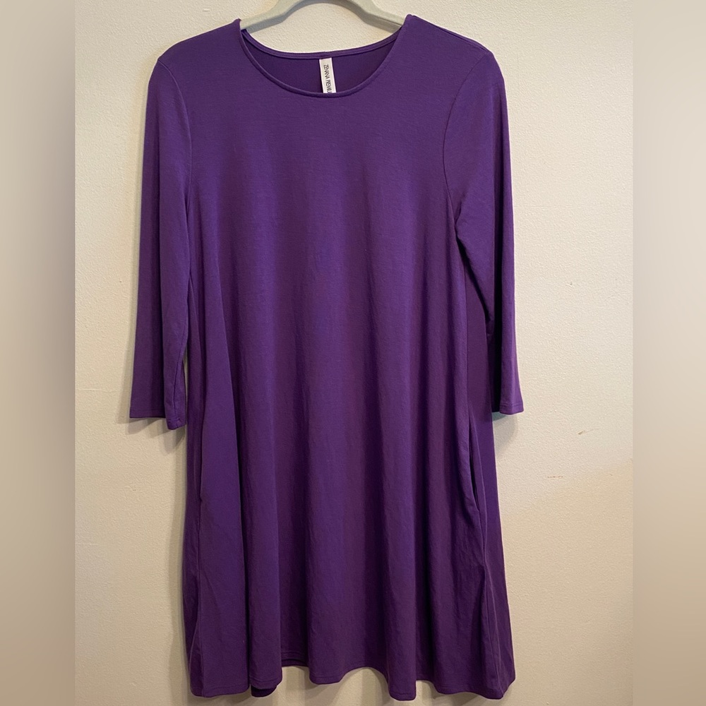 Tunic Pocket Dress, 3/4 sleeve - Purple